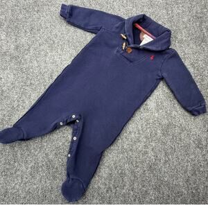 Ralph Lauren Baby Romper 9M Navy Shawl Collar Footed One Piece Pony Logo